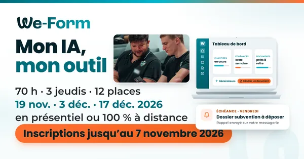 Bannière « Mon IA, mon outil » : 70 h · 3 jeudis · 12 places, 19 nov. · 3 déc. · 17 déc. 2026, en présentiel ou 100 % à distance, inscriptions jusqu’au 7 novembre 2026.