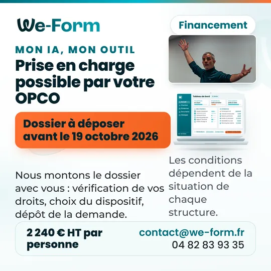 Affiche du financement : prise en charge possible par votre OPCO, dossier à déposer avant le 19 octobre 2026. Nous montons le dossier avec vous. Les conditions dépendent de la situation de chaque structure. 2 240 € HT par personne.