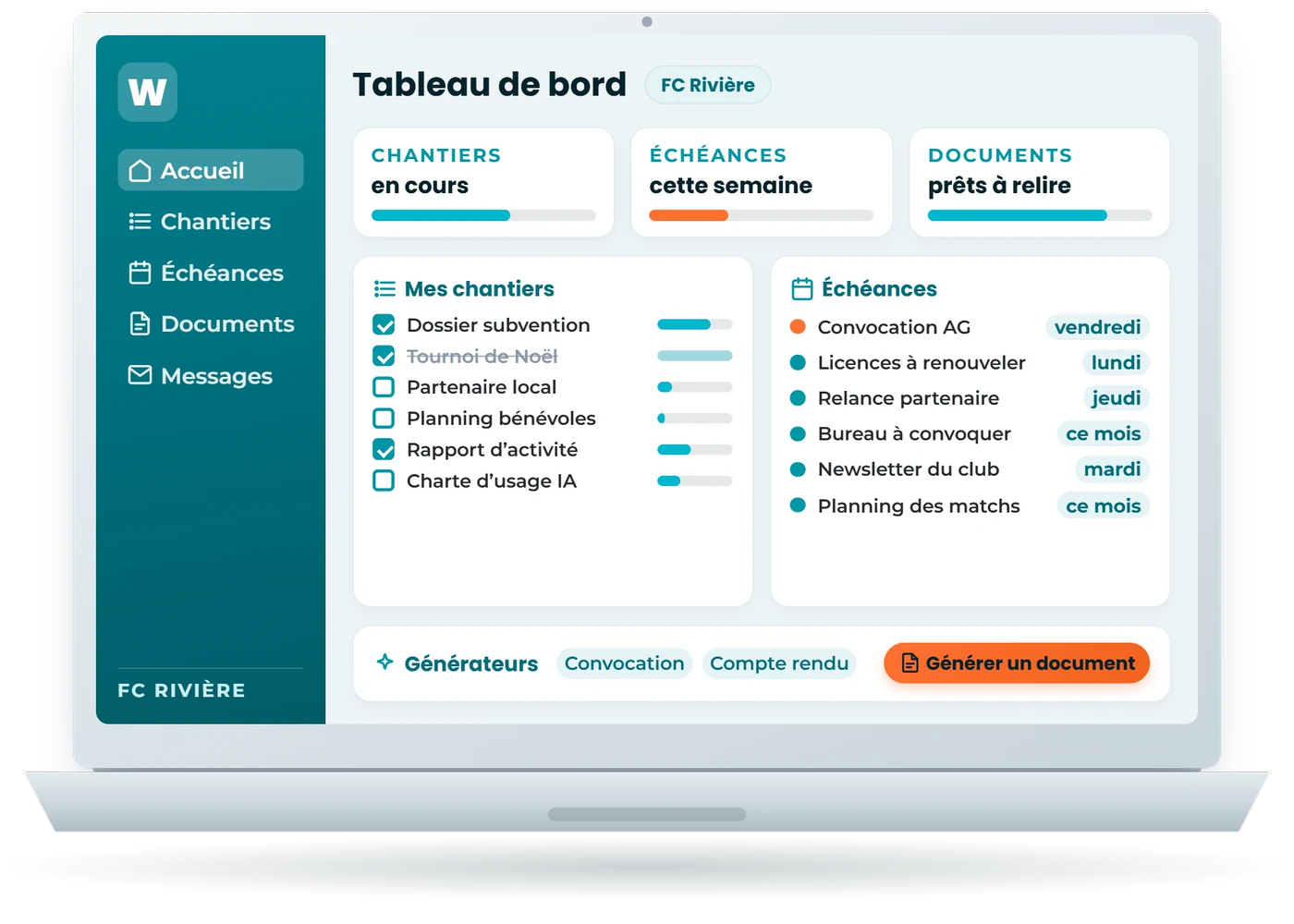 Reproduction dessinée d’un ordinateur portable ouvert sur un tableau de bord : chantiers en cours, échéances de la semaine, documents prêts à relire, générateurs de documents.